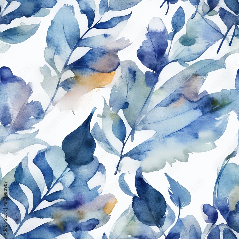 Enchanting Blue Feather and Leaf Watercolor Seamless Pattern. Generative AI.
