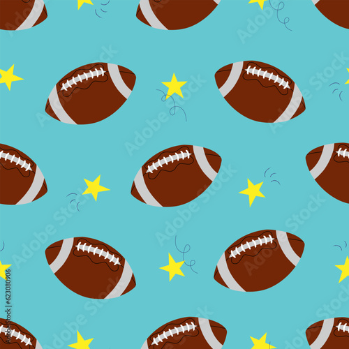 Vector seamless pattern with rugby balls and stars in cartoon style. American football pattern