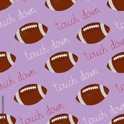 Vector seamless pattern with rugby balls and touch down slogan in cartoon style. American football pattern
