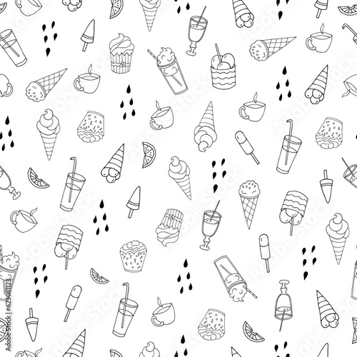 Handmade vector illustration for cafe design. Seamless pattern with glassware, cakes, sweets, ice-creams. Doodle style.