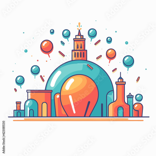 Abstract little town with balloons flying over the city. City of fun and games. Cartoon illustration.