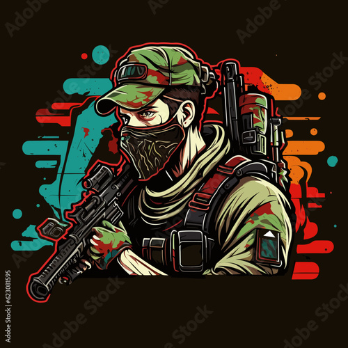Military man sniper with airsoft automatic rifle. Cartoon vector illustration.