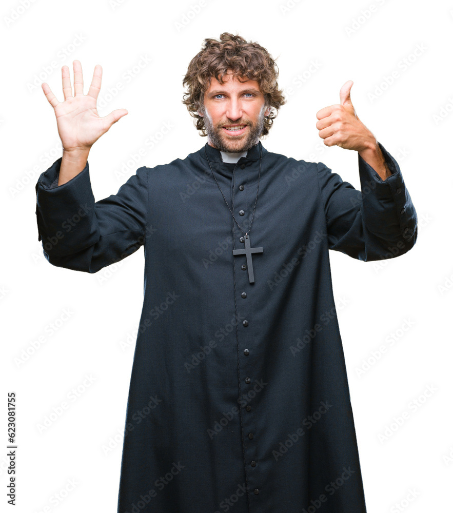 Handsome hispanic catholic priest man over isolated background showing and pointing up with fingers number six while smiling confident and happy. Handsome hispanic catholic priest man over isolated background showing and pointing up with fingers number six while smiling confident and happy.