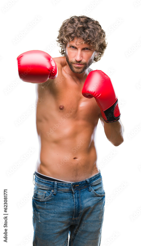 Handsome hispanic boxer man wearing boxing gloves over isolated background skeptic and nervous, frowning upset because of problem. Negative person.