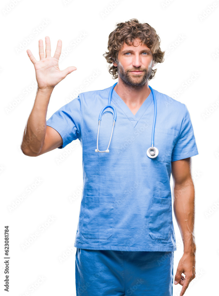 Handsome hispanic surgeon doctor man over isolated background showing and pointing up with fingers number five while smiling confident and happy. Handsome hispanic surgeon doctor man over isolated background showing and pointing up with fingers number five while smiling confident and happy.
