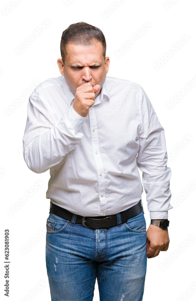 Middle age arab elegant man over isolated background feeling unwell and coughing as symptom for cold or bronchitis. Healthcare concept. Middle age arab elegant man over isolated background feeling unwell and coughing as symptom for cold or bronchitis. Healthcare concept.