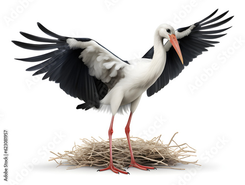 The stork is a large wading bird with long legs, a long neck, and a stiff bill. When flying,
 the neck straightens like a crane. Eat fish and small aquatic animals. Generative AI. Illustration.