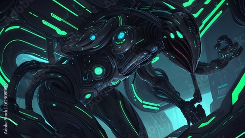 Alien technology, robots . Embrace a futuristic lighting scheme, casting an otherworldly glow on the technology