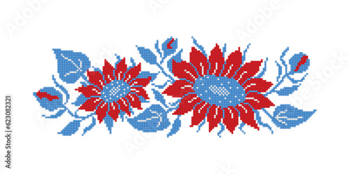Realistic Cross-Stitch Embroideried Composition with Sunflowers. Ethnic Floral, Handmade Stylization. Traditional Ukrainian Red and Blue Embroidery. Ethnic Design Element. Vector 3d Illustration