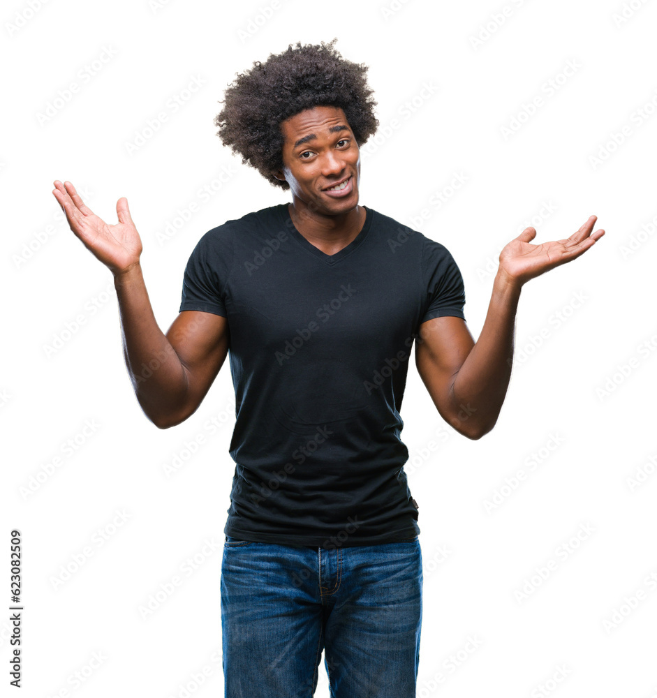 Afro american man over isolated background clueless and confused expression with arms and hands raised. Doubt concept.