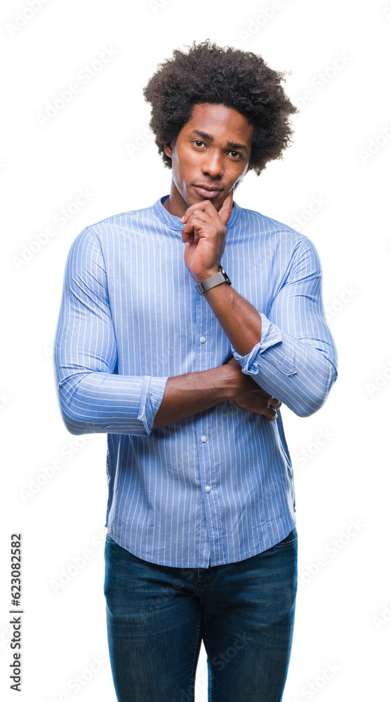 Afro american man over isolated background with hand on chin thinking about question, pensive expression. Smiling with thoughtful face. Doubt concept. Afro american man over isolated background with hand on chin thinking about question, pensive expression. Smiling with thoughtful face. Doubt concept.