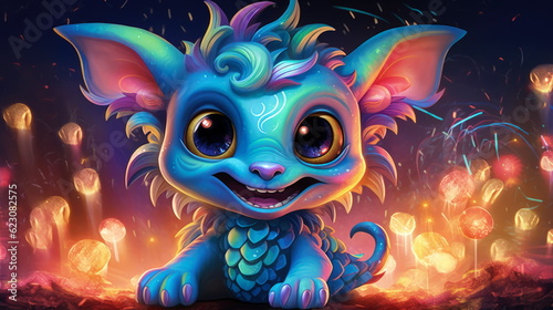 Cute baby fantasy kawaii dragon against a backdrop of holiday fireworks. Generative AI 