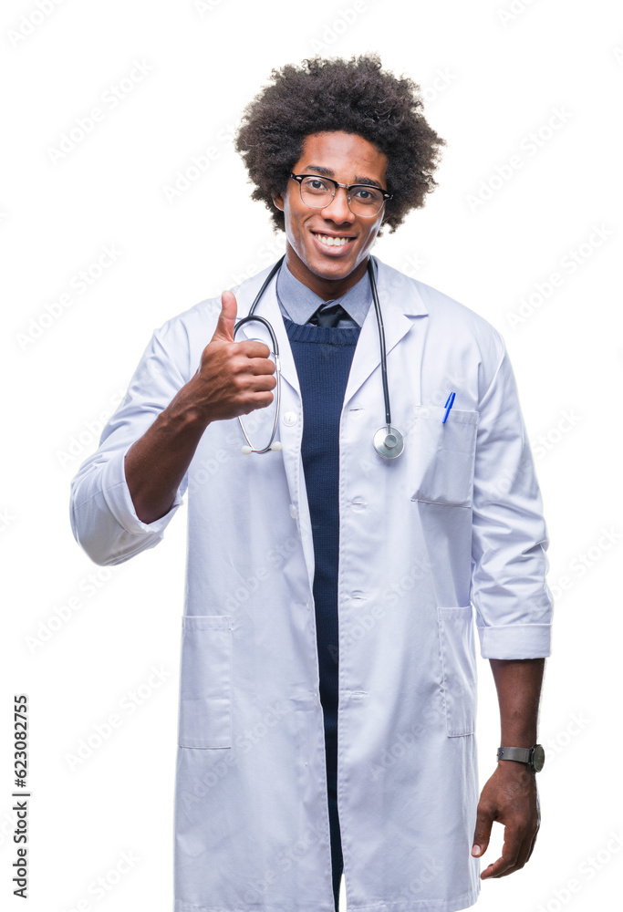 Afro american doctor man over isolated background doing happy thumbs up gesture with hand. Approving expression looking at the camera with showing success. Afro american doctor man over isolated background doing happy thumbs up gesture with hand. Approving expression looking at the camera with showing success.