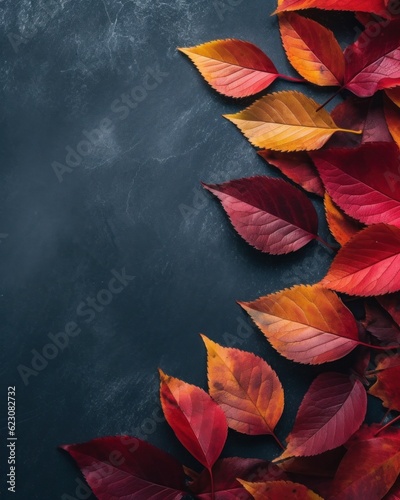 Autumn background with colored red leaves on background. Top view, copy space. Generative AI