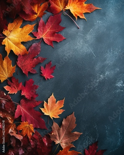 Autumn background with colored red leaves on background. Top view, copy space. Generative AI