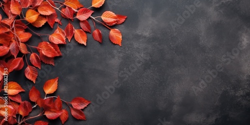 Autumn background with colored red leaves on background. Top view, copy space. Generative AI