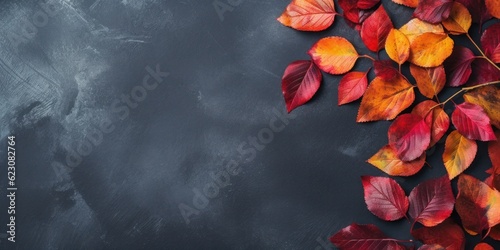 Autumn background with colored red leaves on background. Top view, copy space. Generative AI © Viktor