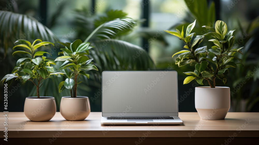 Productive Work Environment, Laptop and Plants Productive Work Environment, Laptop and Plants