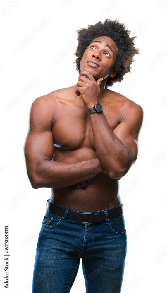 Afro american shirtless man showing nude body over isolated background with hand on chin thinking about question, pensive expression. Smiling with thoughtful face. Doubt concept. Afro american shirtless man showing nude body over isolated background with hand on chin thinking about question, pensive expression. Smiling with thoughtful face. Doubt concept.