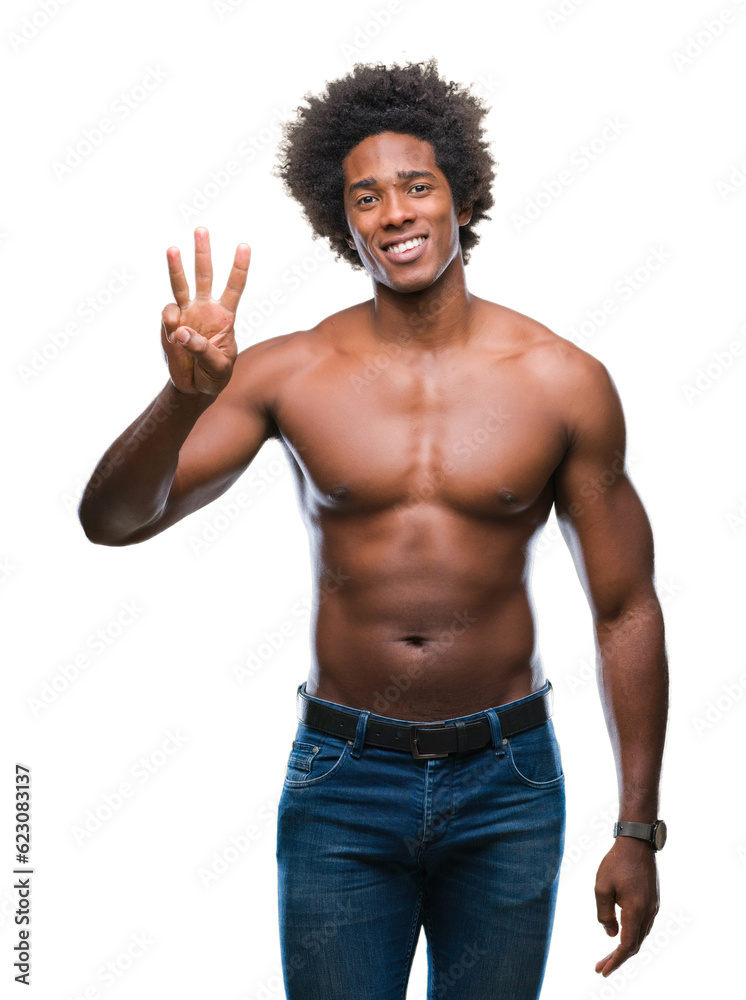 Afro american shirtless man showing nude body over isolated background showing and pointing up with fingers number three while smiling confident and happy. Afro american shirtless man showing nude body over isolated background showing and pointing up with fingers number three while smiling confident and happy.