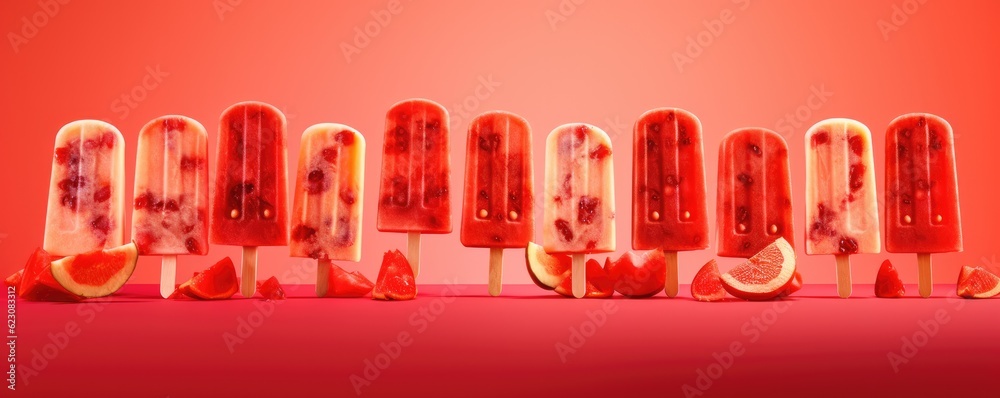 Fototapeta premium Popsicles of fresh and healthy watermelom on red background, panorama. Generative Ai.