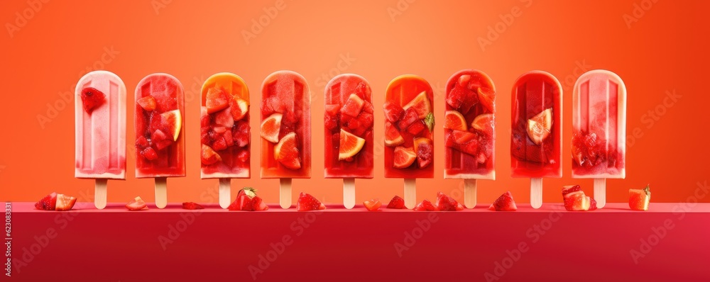 Fototapeta premium Popsicles of fresh and healthy watermelom on red background, panorama. Generative Ai.