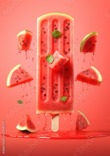 Popsicles of fresh and healthy watermelom on red background, summer . Generative Ai. photo