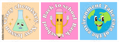  Back to school. Groovy characters of school subjects. The founded posters to school lessons. Globe test tube and pencil. Vector illustrations