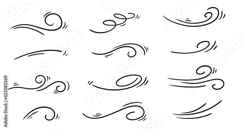 Doodle wind line sketch set. Hand drawn doodle wind motion, air blow, swirl elements. Sketch drawn air blow motion, smoke flow art, abstract line. Isolated vector illustration.