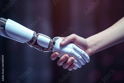 handshake between an ai artificial intelligence robot and a human business man