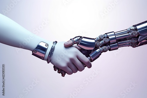 handshake between an ai artificial intelligence robot and a human business man