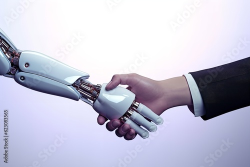 handshake between an ai artificial intelligence robot and a human business man