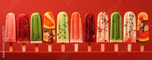 Popsicles of fresh and healthy watermelom on red background, panorama. Generative Ai. photo