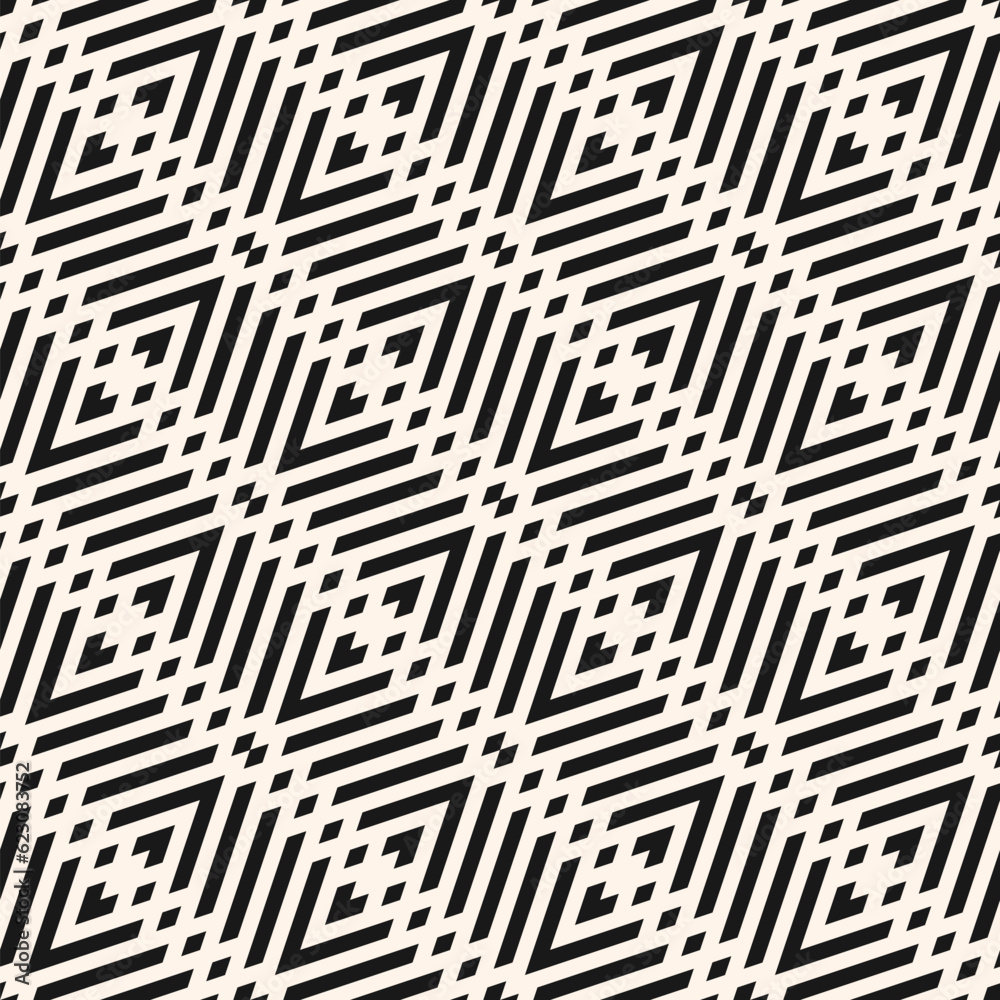 Monochrome geometric lines seamless pattern. Simple vector texture with grid, lattice, diagonal stripes, chevron, rhombuses. Abstract black and white graphic background. Modern endless repeat design