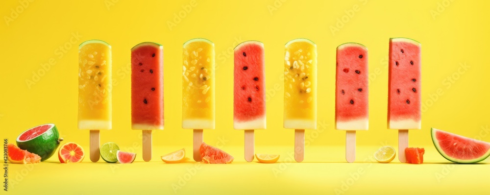 Popsicles of fresh and healthy watermelom on yellow background, panorama. Generative Ai.