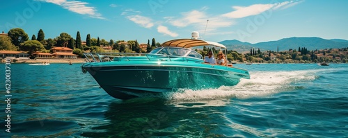 A small motor boat with a canopy floats along the Mediterranean coast. Luxurious boat to move around the sea. Sea travel. Banner with copyspace. AI generation