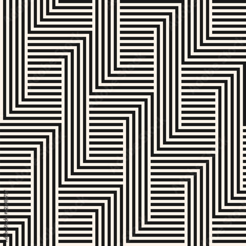 Vector geometric lines seamless pattern. Abstract graphic striped ornament. Simple geometrical black and white quirky stripes, zigzag shapes. Modern linear background. Sport style repeat geo design