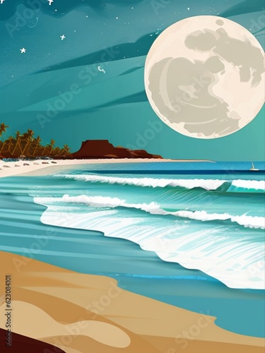 Illustration of a beautiful beach at night with a full moon. Generative AI