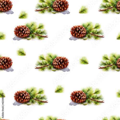 Christmas tree branch with cones in watercolor style