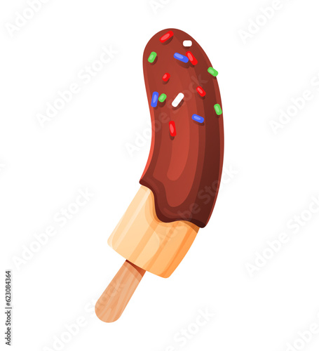 Frozen chocolate dipped banana isolated on a white background.