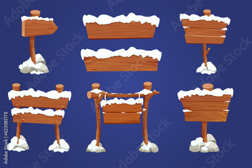 Old wooden blank, signboard on stick with snow and stones in cartoon style.Empty frame, direction plank isolated on white background. Game element Season decoration