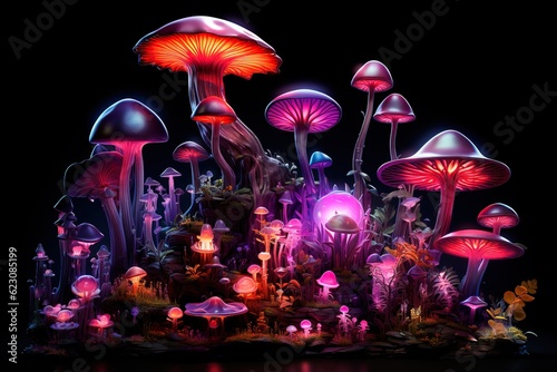 Neon mushroom family in mystical dark forest. The concept of magic, illusion and surrealism. AI generation