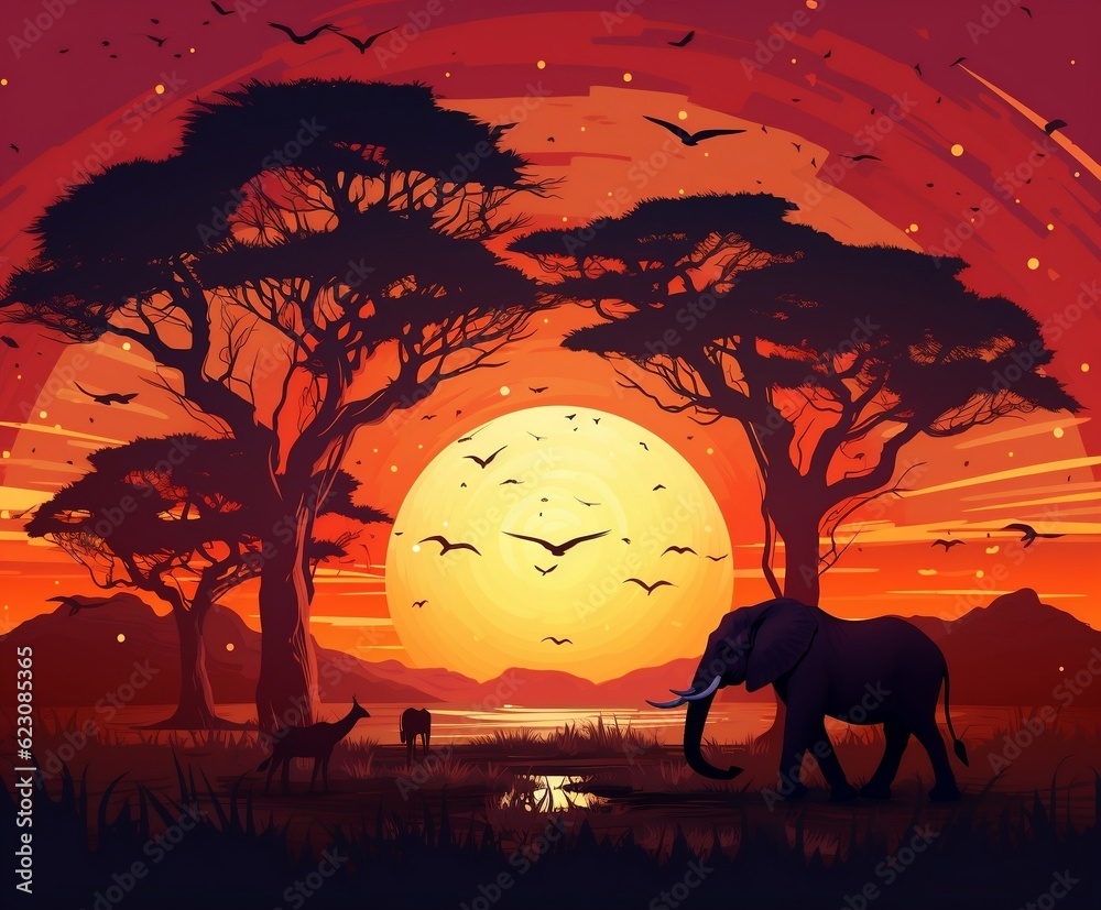 African Savanna Sunset: Majestic Landscape with Sun. Generative AI