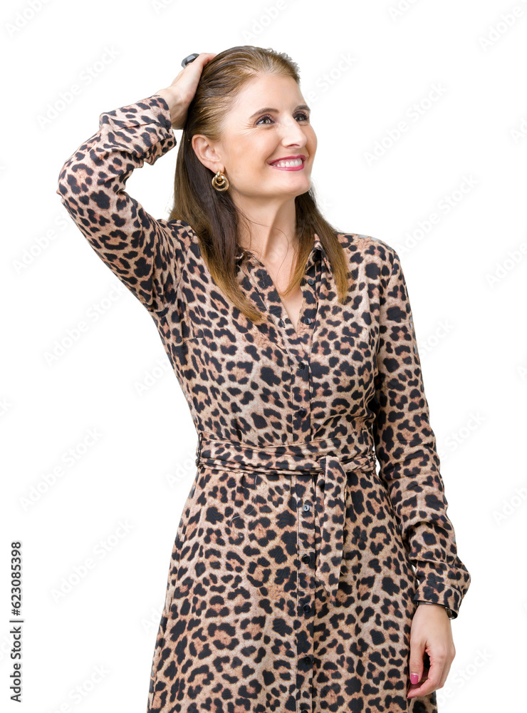 Beautiful middle age mature rich woman wearing leopard dress over isolated background Smiling confident touching hair with hand up gesture, posing attractive Beautiful middle age mature rich woman wearing leopard dress over isolated background Smiling confident touching hair with hand up gesture, posing attractive