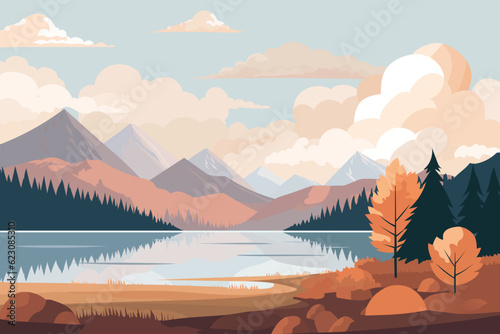 Beautiful landscape vector illustration. Stunning landscape of autumn mountain lake at dawn. Beautiful autumn landscape for printing.