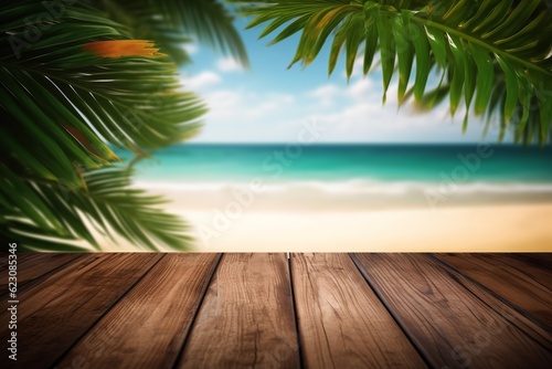 wooden table for product placement with a tropical beach and palm trees on the background