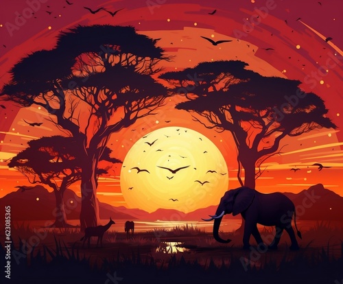 African Savanna Sunset: Majestic Landscape with Sun. Generative AI © Umar