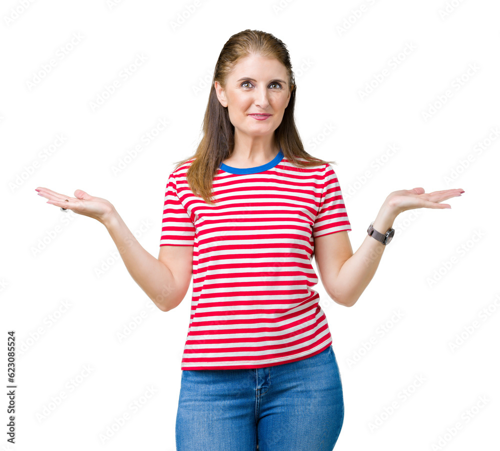 Middle age mature woman wearing casual t-shirt over isolated background Smiling showing both hands open palms, presenting and advertising comparison and balance Middle age mature woman wearing casual t-shirt over isolated background Smiling showing both hands open palms, presenting and advertising comparison and balance