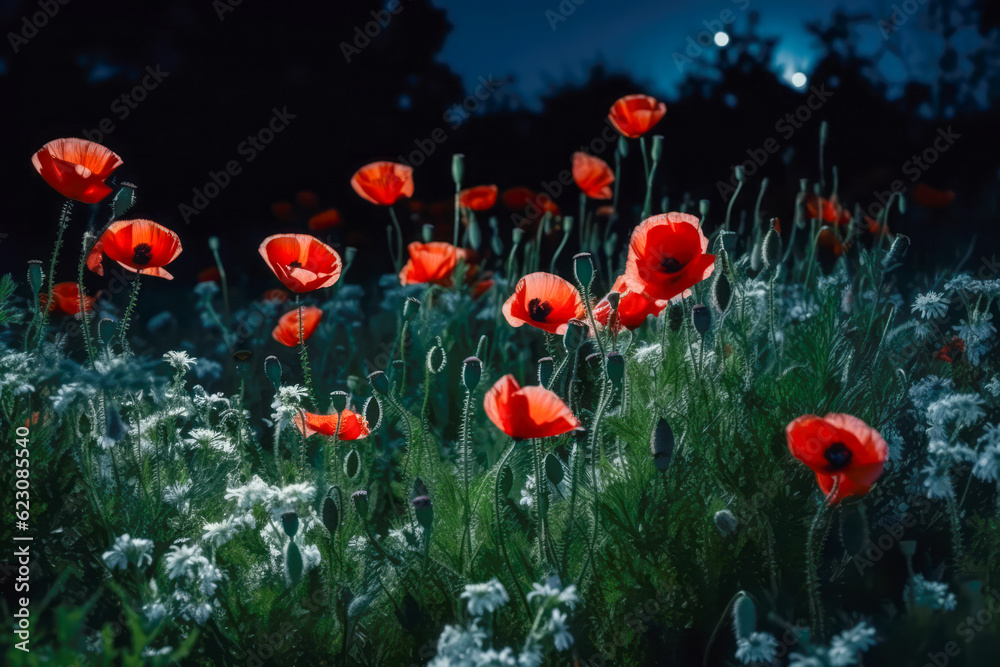 Obraz premium Beautiful poppy field in the night and full moon
