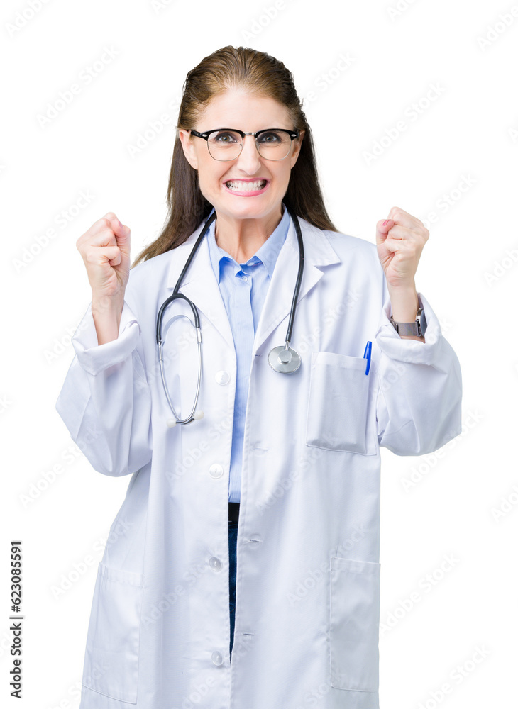 Middle age mature doctor woman wearing medical coat over isolated background celebrating surprised and amazed for success with arms raised and open eyes. Winner concept. Middle age mature doctor woman wearing medical coat over isolated background celebrating surprised and amazed for success with arms raised and open eyes. Winner concept.